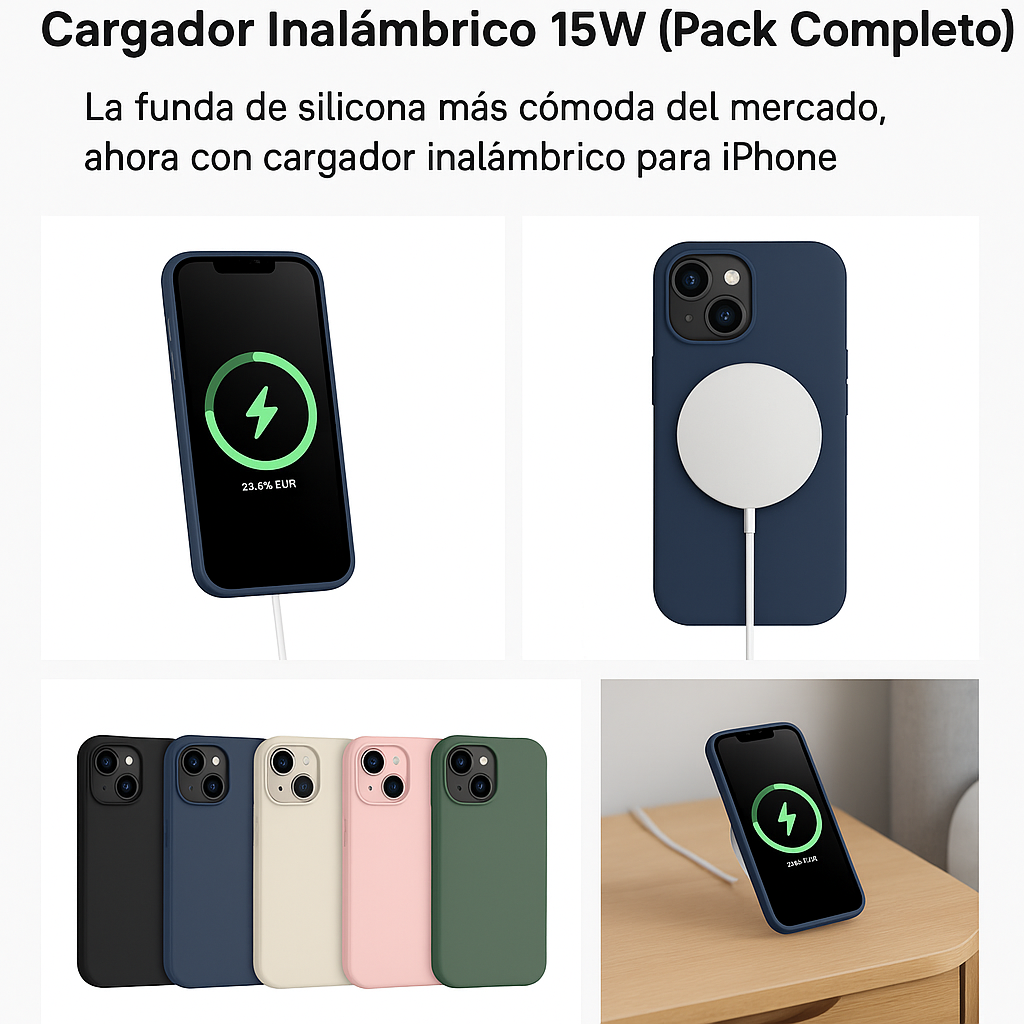Pack Funda SiliconeCharge™ Soft-Touch + Cargador Inalámbrico 15W (Solo para iPhone)